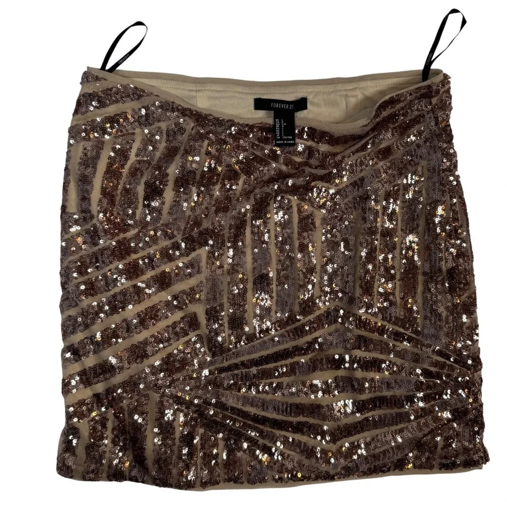 Forever 21 Women L Rose Gold‎ Sequin Mini Skirt Party Clubwear Bodycon Geometric